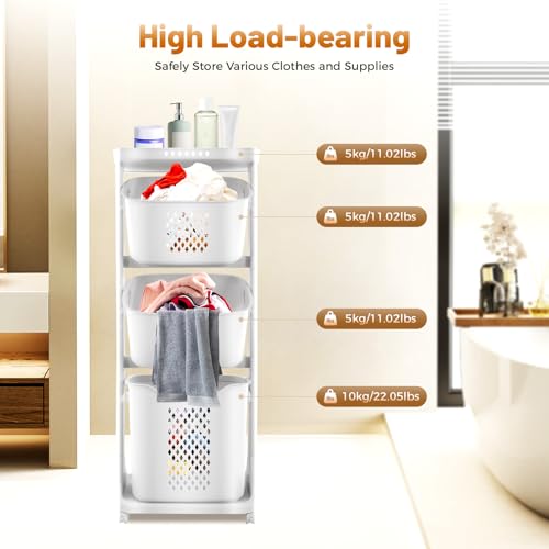 3 Tier Rolling Laundry Basket Vertical laundry hamper Sorter Cart with Wheels and Breaks Bathrooms Clothes Hamper 3 Section laundry organizer for Kitchens, Bedrooms, Laundry Rooms