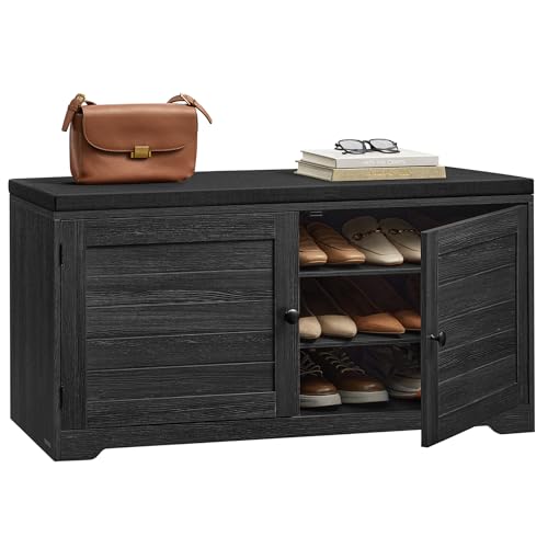 VASAGLE Shoe Storage Bench with Cushion, 3-Tier Entryway Bench with Padded Seat, Doors, Adjustable Shelves, 14 x 39.8 x 20.7 Inches, for Hallway, Bedroom, Charcoal Gray and Ink Black ULSB044B01 - color: Charcoal Gray + Ink Black, size: 14"D x 39.8"W x 20.