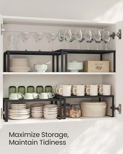 SONGMICS Spice Racks, Set of 2 Metal Cabinet Shelf Organizers, Countertop Organizers, Shelf Risers, Stackable, Expandable, Ink Black UKCS401B01 - color: Ink Black, size: 9"D x 15.7"W x 6.1"H + 8.6"D x 15.7"W x 5.4"H