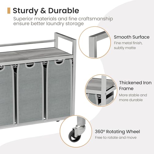 SwaaVee Laundry Hamper, Laundry Basket, Laundry Sorter with 3 Removable Bags, Clothes Basket with 3 Compartments, Wheels, Shelf for Laundry Room Bathroom Bedroom (3 Bags-Gray) - color: 3 Bags-Gray