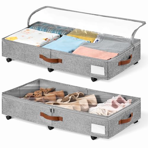 6 Inches Under Bed Storage with Wheels Pack of 2, Underbed Shoe Storage Container Bin with Clear Lid Cover, Rolling Under Bed Drawer Bag Basket for Shoe Organizer Sheet Sweater - Grey - color: Grey, size: 6 Inches Tall