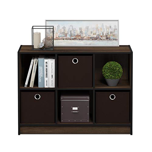 Furinno BASIC Book Shelf, 6-Cube Bookshelf with Open Shelf, 3 x 2 Bookcase with Storage Bins, Closed Back, Horizontal, 11.9 x 31.6 x 23.6, for Living Room, Bedroom, Home Office, Columbia Walnut - color: Columbia Walnut/Dark Brown, size: 6-Cube with Bin