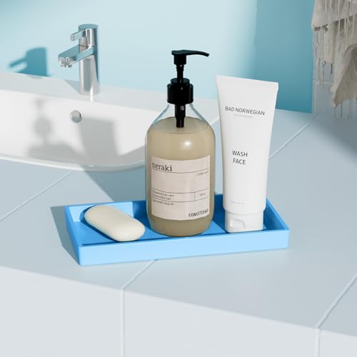 Vanity and Bathroom Tray, 7.7" ABS Countertop Organizer,Waterproof Vanity Tray for Toilet Tank,Perfume,Soap,Keys,Bathroom Accessories,Kitchen and Bath Trays,Non Slip Small Trays,Blue,2 Pack - color: Blue, size: 7.7'' x 4'' x 0.7'' (2 Pack)