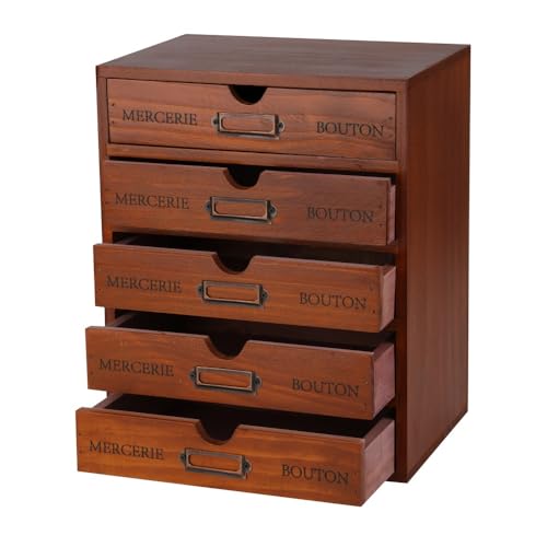 Wooden Storage Box with 5 Drawers Apothecary Drawers Vintage Wooden Drawers Wood Desktop Organizer with Drawers Countertop Drawers Library Card Catalog Cabinet Apothecary Cabinet （BROWN） - color: BROWN05