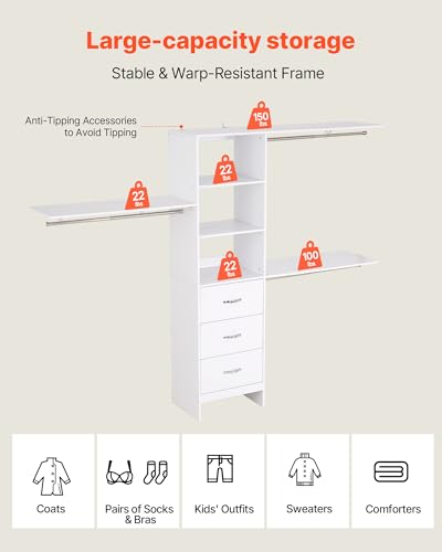 VEVOR Closet System with 3 Drawers, Adjustable Height Wooden Closet Organizers, Modern Walk-in Wardrobe Organization with 3 Retractable Clothes Hanger Rods, Freestanding Garment Rack Storage, White - color: White, style: 3 Clothes Hanger Rods with Support