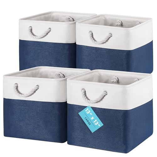 OrganiHaus 12x12 Cube Storage Bins 4 Pack, Foldable Cube Storage Organizer w/ Rope Handles, Collapsible Fabric Bins for Toys, Clothes & Closet Organization, Fabric Square Baskets - Navy Blue - color: Navy Blue Base / Off-White, size: 4 pcs (12x12)