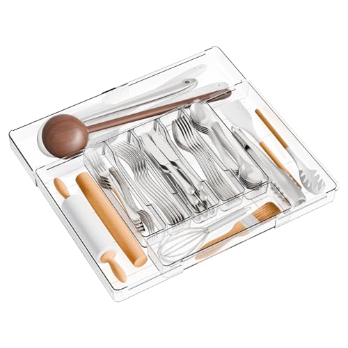 Yieach Clear Large Expandable Silverware Organizer and Kitchen Utensil Drawer Organizer,Plastic Adjustable Silverware Tray for Drawer Cutlery,Spatula,Tools,Flatware Organizers,Fork and Spoon Holder - size: 12.6Wx14.5Lx2H Inch
