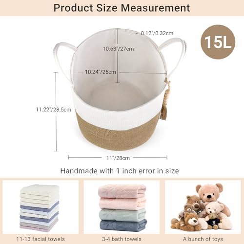 Mkono Woven Storage Basket Decorative Rope Basket Wooden Bead Decoration for Blankets,Toys,Clothes,Shoes,Plant Organizer Bin with Handles Living Room Home Decor, 11" W × 11" L, Cream White and Brown - color: Cream White and Brown, size: 11"W x 11"L