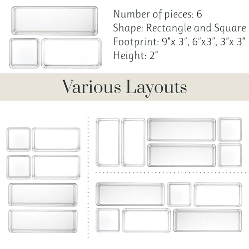 STORi SimpleSort Drawer Organizer Bins 6 pc Set, Multi-size, Bathroom Organizers and Storage, Makeup Organizer, Desk Organizer, Vanity Organizer, Clear Organizing Containers, Made in USA