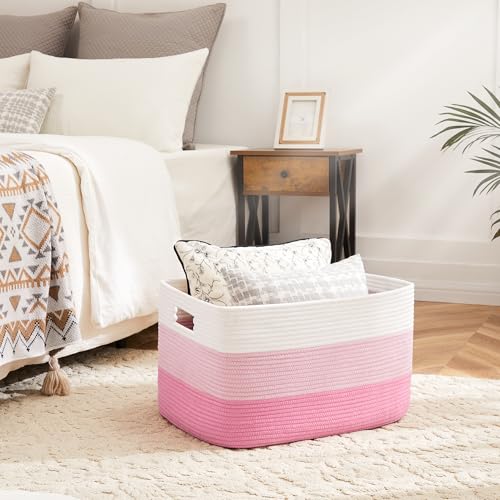 Artfeel Blanket Basket,Rectangle Woven Baskets for Storage,65L Laundry Basket for Decorative Nursery Blanket,Toys,Dirty Clothes and Magazine in Shelves,Baby Room,and Living Room - color: Pink, size: 65L