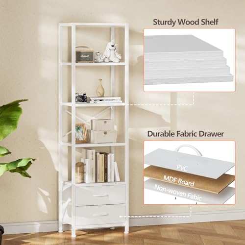 Furnulem 5-Tier Corner Shelf, Narrow Bookshelf with 2 Storage Drawers, Tall Bookcase, Wood Display Standing Shelf Organizer Unit for Living Room, Bedroom, Metal Frame(White) - color: White, size: 5 Tier