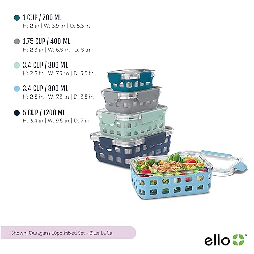 Ello Duraglass Mixed Meal Prep Sets Leak-Proof Glass Food Storage Containers with Silicone Sleeves and Airtight BPA-Free Lids, Dishwasher, Microwave, and Freezer Safe - color: Blue La La