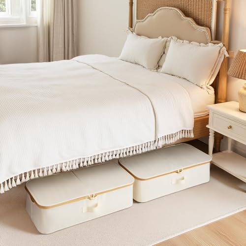 StorageWorks Underbed Storage Containers with Lids, 2-Pack 7" Low Profile Under Bed Storage Box with Bamboo Frame for Clothes, Bedding, Blankets and Shoes, 42L Sturdy Fabric Organizer, Beige - color: Beige, size: 2