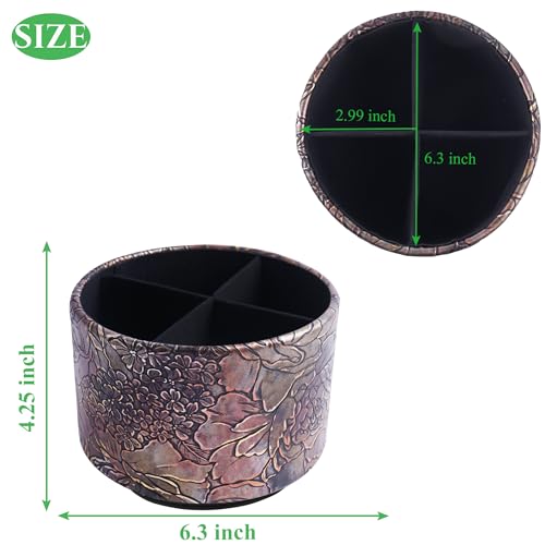 Round Leather Art Supply Organizer,Remote Control Holder,360 Degree Spinning,Multi-Functional Pencil Holder,4 Compartments Desktop Stationary Organizer(1-Rich Flower Gold) - color: 1-Rich Flower Gold