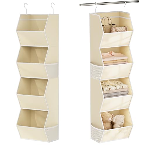 Hanging Closet Organizer 4 Shelf Collapsible Fabric Closet Organizers and Storage Hanging with Mesh Pocket for Clothes, Hanging Wardrobe Organizers and Storage for Sweater T-Shirt Shoes Toys, Beige - color: Beige-1 Pack, size: 4-shelf