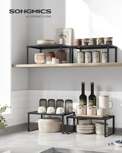 SONGMICS Spice Racks, Set of 4 Metal Cabinet Shelf Organizers, Countertop Organizers, Shelf Risers, Stackable, Expandable, Ink Black UKCS006B01 - color: Ink Black