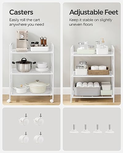 SONGMICS 3-Tier Metal Storage Rack with Wheels, Mesh Shelving Unit with X Side Frames, 23.6-Inch Width, for Entryway, Kitchen, Living Room, Bathroom, Industrial Style, White UBSC163W01 - color: White, size: 23.6"W