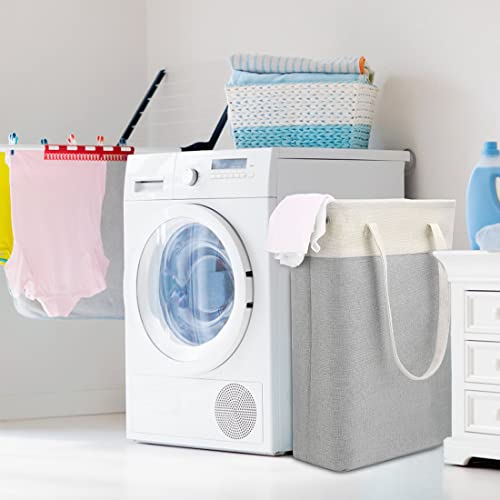 i BKGOO Laundry Basket with Handles Beige&Silver Slim Laundry Bin Collapsible Dirty Clothes Basket Narrow Laundry Bag Foldable Dirty Hamper for Camping, Dorms, Apartments - color: Beige&Silver