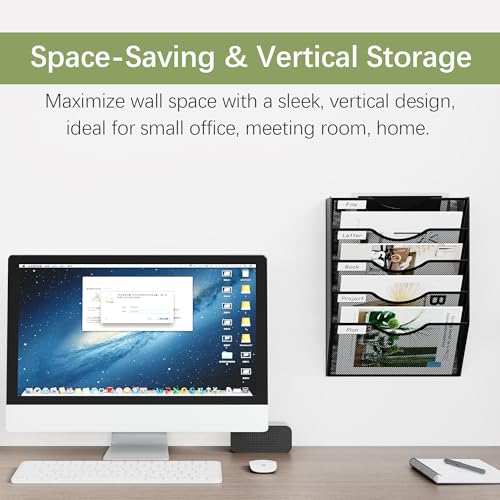 EasyPAG Wall File Organizer 5 Tier Hanging Paper Folder Holder, Zero Assembly Metal Mesh Wall Mounted Mail Organizer for Office Home Classroom Narrow Spaces, Black - color: Black, size: 5 Tier