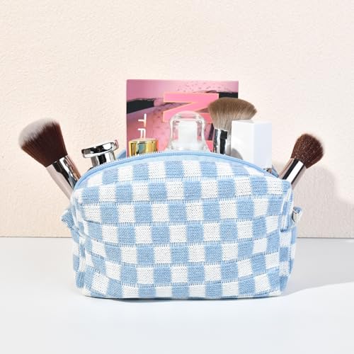 SOIDRAM 2 Pack Checkered Makeup Bag for Women, Cute Makeup Pouch Small Makeup Bag Travel Cosmetic Organizer for Toiletries, Brushes & Skincare - color: Light Blue, size: 2 Pack