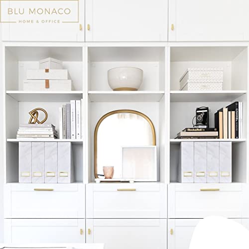 BLU MONACO Set of 4 Magazine Holders | White Marble Design with Gold Label Holders | Foldable File Organizer Boxes for Desk, Office & Classroom | Stylish Paper & Magazine Storage - color: White Gold Marble