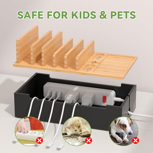 Pezin & Hulin Cord Organizer Box, Surge Protector Organizer, Device Charger Station for Phones & Tablets, Wood Charging Dock -with 6 Wire Cables, BUT NO Power Supply - Natural + Black - color: Natural + Black (No Charger)