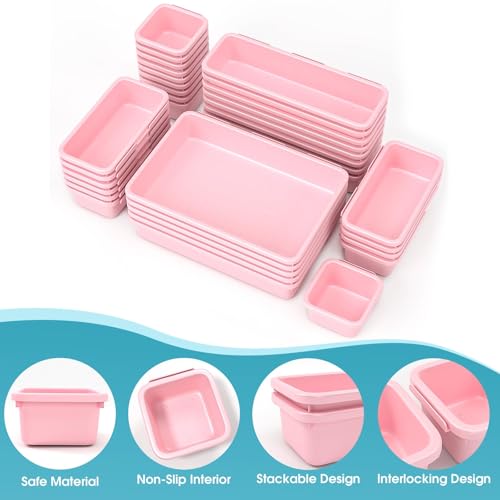 33 PCS Drawer Organizer Set, 4 Size Makeup Drawer Divider Organizer With Non-Slip Pads, Interlocking Plastic Storage Bins for Office,Jewelry Vanity,Gadgets, Bathroom,Kitchen, Pink - color: Pink, size: 33Pack
