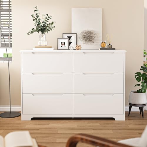 Gizoon 6 Drawer Double Dresser for Bedroom with Anti-Tip Design, Modern Wide Wooden Chest of Drawers with Cut-Out Handles, Closet Storage Organizer and TV Stand for Living Room, Hallway, Entryway - color: White, size: 15.7"D x 47.3"W x 31.5"H (6 Drawers)