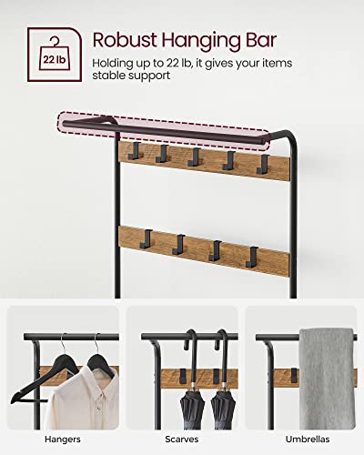 VASAGLE Coat Rack, Hall Tree with Shoe Bench for Entryway, Entryway Bench with Coat Rack, 4-in-1, with 9 Removable Hooks, a Hanging Rod, 13.3 x 28.3 x 72.1 Inches, Rustic Walnut and Black UHSR040B41 - color: Rustic Walnut + Black, size: 28.3"W