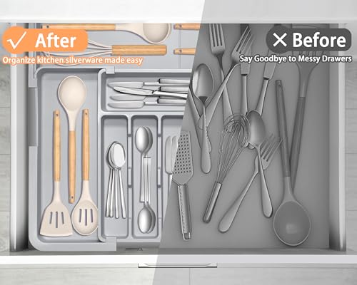 Silverware Organizer Expandable Kitchen Drawer Organizer Adjustable 22"x 19" Utensil Organizer with Rubber Feets Cutlery Drawer Organizer for Spoons Forks Knives Kitchen Organizers and Storage Grey - color: Grey