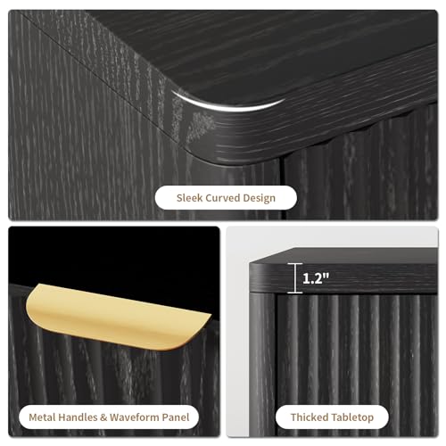 Fluted Nightstand with Charging Station, 22.8Inch Wide Bedside Table End Table with Drawer, Curved Corners, Modern Bedside Table for Bedroom, Living Room, Sofa, Black - color: Rectangle - Black