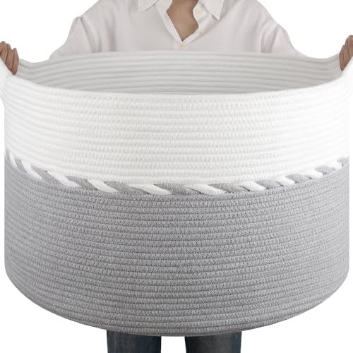 OIAHOMY 90L Blanket Basket for Living Room, Large Basket 23" x 23" x 13" with Handle, Laundry Hamper for Blankets, Pillows, Toy Storage for Kids, Dogs - Grey & White - color: Grey & White, size: 23" x 23" x 13"