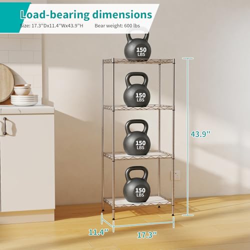 BestOffice | 4-Tier Wire Storage Shelves | 12"D x 18"W x 44"H | Chrome | with Adjustable Racks PP Liners | Compact Metal Shelf, Holds Upto 600 lbs | Ideal for Kitchens Closets Bathrooms Small Corners - color: Chrome, size: 12"D x 18"W x 44"H
