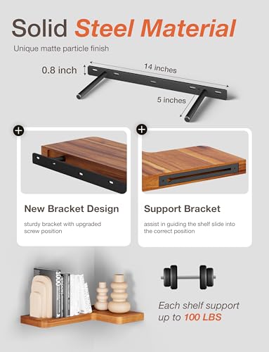 BATODA Acacia Wood Corner Floating Shelves 17" x 12"– Corner Shelf Wall Mounted - Floating Book Shelves for Wall - Brackets and Shelving Hardware Included for Kitchen, Living Room, Bathroom (Set 2) - color: Acacia