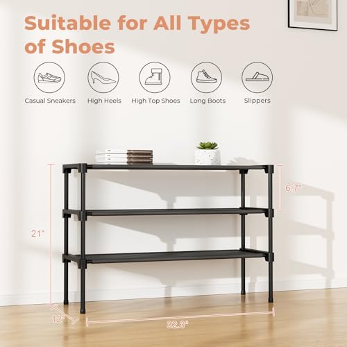 32.3" Widening Design Shoe Rack for Closet 16 Pairs Small Spaces Non-Woven 3 Tier Shoe Organizer Stackable Metal Shoe Shelf for Entryway, Bedroom - color: Black