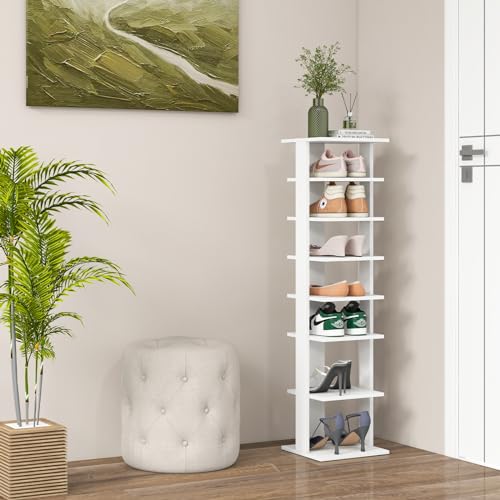 COSTWAY 8-Tier Vertical Shoe Rack, Tall Narrow Shoe Storage Organizer with Removable Shelf for Boots, Anti-Tipping Kit, Space-Saving Shoe Stand with for Small Place, Entryway (White) - color: White