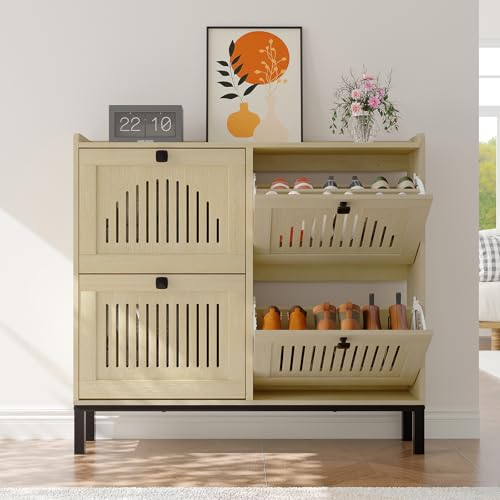 4-Door Flip Front Shoe Cabinet with Adjustable Shelves – Hidden Entryway Storage Organizer for Hallway, Foyer, Living Room – Freestanding Wooden Shoe Rack with Large Capacity & Modern Design, Natural - color: Natural Oak, size: 9.45"D x 41.34"W x 37.9"H