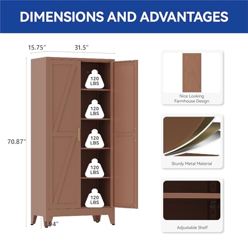 COFaR 71'' Tall Metal Storage Cabinet, Farmhouse Kitchen Pantry Cabinet with Doors and 4 Adjustable Shelves, Brown Metal Cabinets for Garage, Kitchen, Bathroom, Laundry, 5-Tier - color: Brown, size: 71 Tall 2 Doors-Tree Door