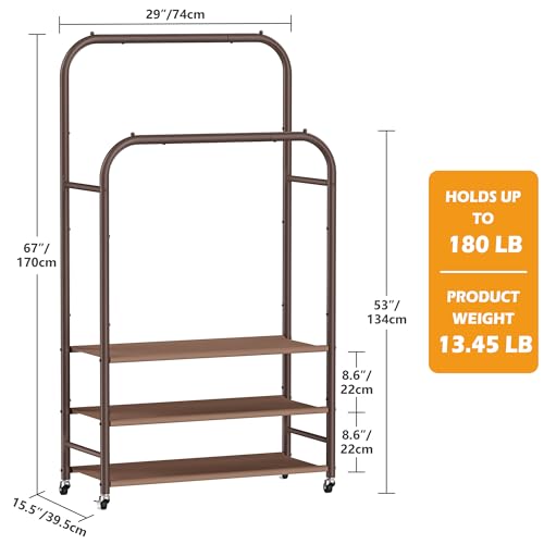 HOMIDEC Double Rods Clothes Rack Clothing Rack with 3 Tier Storage Shelves Clothes Rack for Hanging Clothes Multifunctional Heavy Duty Clothes Organizer for Bedroom,Wardrobe Closet,Shop,Brown - color: Brown