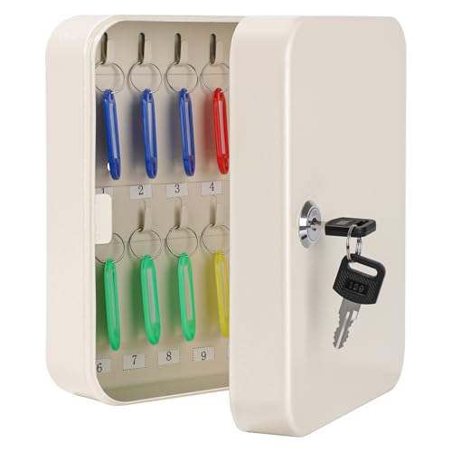 KYODOLED Key Cabinet Wall Mount, Locking Key Organizer, Key Storage Lock Box with Key, Key Management with 20 Key Hooks & Tags Key Labels, 7.87" x 6.29" x 3.14" (Beige, 20 Key) - color: Beige With Key Lock