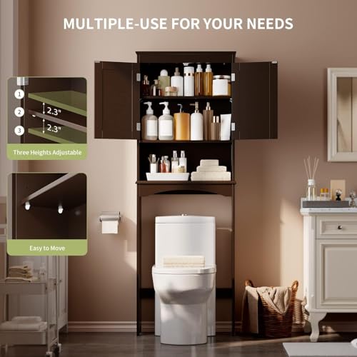 Gizoon Over the Toilet Storage Cabinet with Adjustable Shelf and Double Doors, Bathroom Space Saver Organizer Above Toilet with Open Shelf, Taller Wooden Free Standing Toilet Rack -Espresso - color: Espresso
