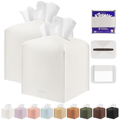 Tissue Box Cover Holder Square Tissue Cube Cover PU Leather Tissue Organizer with Bottom Belt for Bathroom, Tabletop, Car, Night Stands, Office, Home, Kitchen (2, White) - color: White