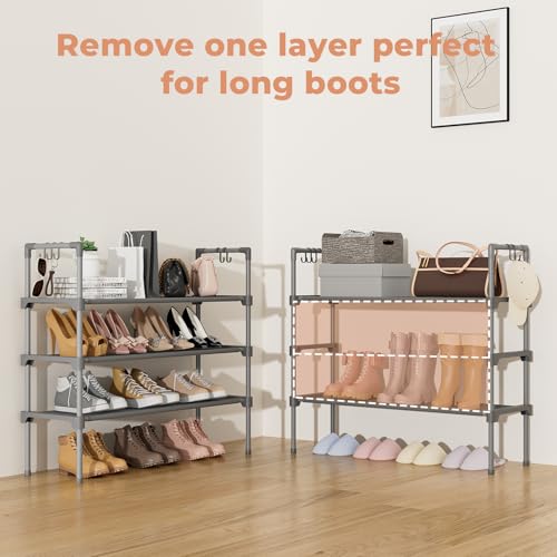LANTEFUL 3 Tier Shoe Rack for Closet, Shoe Organizer with 5 Hooks, Long Shoe Shelf Storage for Shoe and Boot Stackable Free Standing Shoe Rack for Entryway, Garage, Small Spaces, Dorm, Grey - color: Grey, size: 27.8"W - 3 Tier