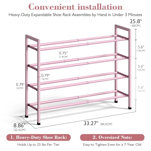 Bumusty 4-Tier Expandable Shoe Rack for Closet, 18“-33” Adjustable Shoe Rack for Small Space, Small Shoe Organizer for Front Door, Sturdy Metal, Pink - color: Pink, size: 4-Tier