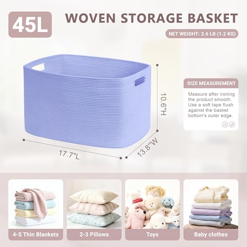 45L Small Baby Girls Laundry Basket for Nursery Storage,Cute Woven cotton Rope Baskets for Kids Toy，Gifts, Boho Square Wicker Blanket hamper for Living Room,Bedroom Dirty Clothes,Blue Purple - color: Blue Purple, size: 45L