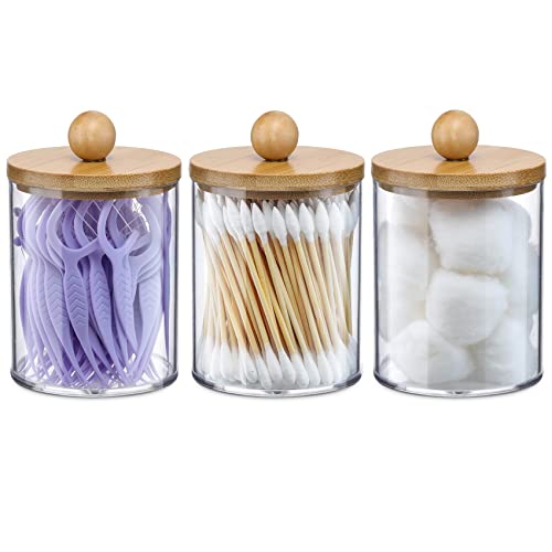 3 Pack Qtip Holder Dispenser with Bamboo Lids - 10 oz Clear Plastic Apothecary Jar Containers for Vanity Makeup Organizer Storage - Bathroom Accessories Set for Cotton Swab, Ball, Pads, Floss - size: 3 Pack of 10 oz