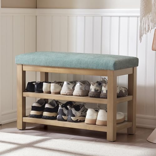 Zihanhome 2 Tier Shoe Rack Bench with Cushion, Solid Wood Shoe Benches, Mid-Century Modern Shoe Storage Bench for Entryway, Hallway, Living Room, Closet, Front Door Entrance, (Teal, 31.5") - color: Teal, size: 31.5"