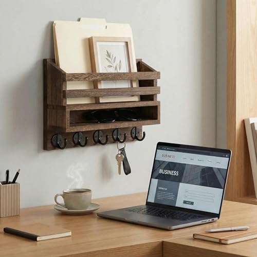 Wall Key Rack - Mail Organizer with 5 Key Hooks, Paulownia Wood, 11.8x7.1 Inches, Apartment Wall Decor, Installation Accessories Included (Brown) - color: Brown