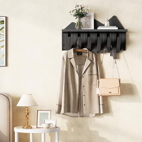 HOOBRO Wall Hooks with Shelf, Coat Rack with Shelf Wall-Mounted, Entryway Wall Key Holder, Hat Rack for Walls, Purse Hanger for Wall, Entryway Hanging Shelf with 6 Retractable Pegs, Black BK46YM01 - color: Black