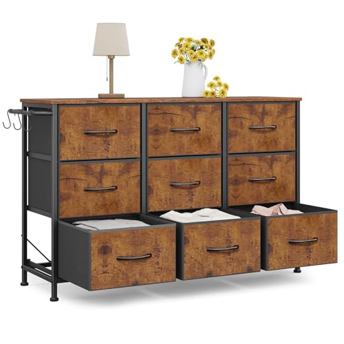 Dresser for Bedroom, Small Fabric Dressers for Kids Bedroom, 9 Drawers Dresser for Closet, Storage Organizer Chest of Drawers for Nursery, Dorm, Apartment, TV Stand, Wood Top, Side Hook (Rustic Brown) - color: Rustic Brown, size: 11.8"D x 39.4"W x 25.6"H